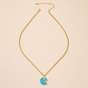 Minimal Blue Enamel Rhinestone PacMan Inspired Necklace